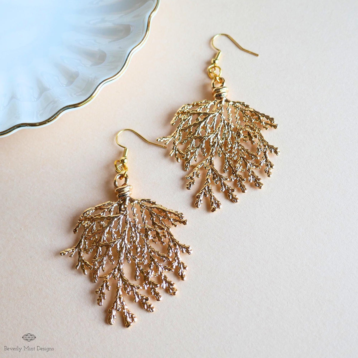 Gold Branch Earrings, Nature Inspired Large Statement Earrings, Coral Leaf Dangle Earrings, Sensitive Ear & Clip-On Options