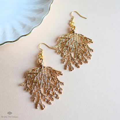 Gold Branch Earrings, Nature Inspired Large Statement Earrings, Coral Leaf Dangle Earrings, Sensitive Ear & Clip-On Options