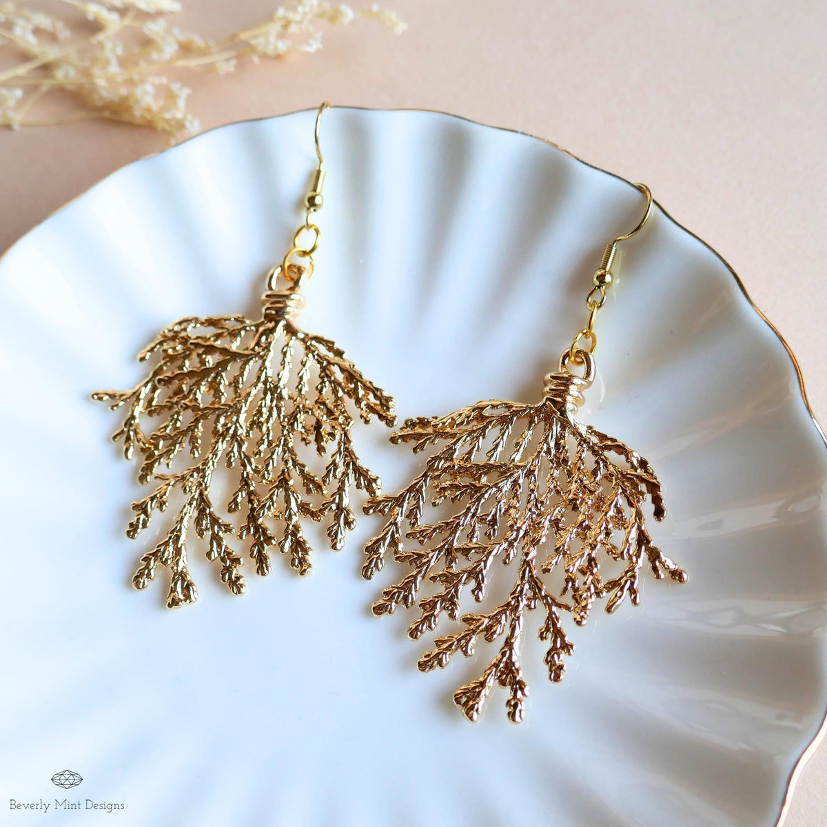 Gold Branch Earrings, Nature Inspired Large Statement Earrings, Coral Leaf Dangle Earrings, Sensitive Ear & Clip-On Options
