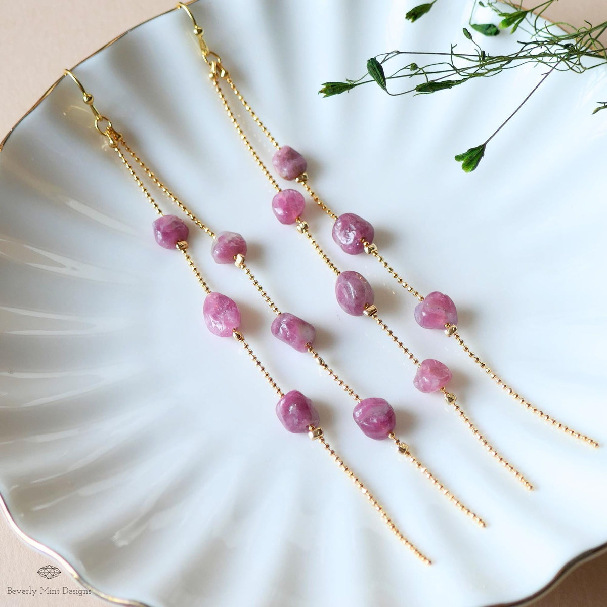 Pink Tourmaline Dangle Earrings Long Gold Chain Earrings Boho Statement Jewelry Natural Stone Earrings, Sensitive Ear & Clip-On Options