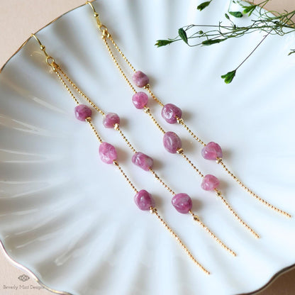 Pink Tourmaline Dangle Earrings Long Gold Chain Earrings Boho Statement Jewelry Natural Stone Earrings, Sensitive Ear & Clip-On Options