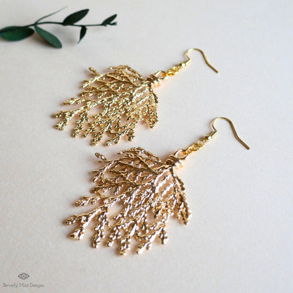 Gold Branch Earrings, Nature Inspired Large Statement Earrings, Coral Leaf Dangle Earrings, Sensitive Ear & Clip-On Options