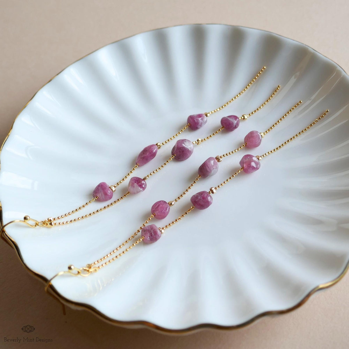 Pink Tourmaline Dangle Earrings Long Gold Chain Earrings Boho Statement Jewelry Natural Stone Earrings, Sensitive Ear & Clip-On Options