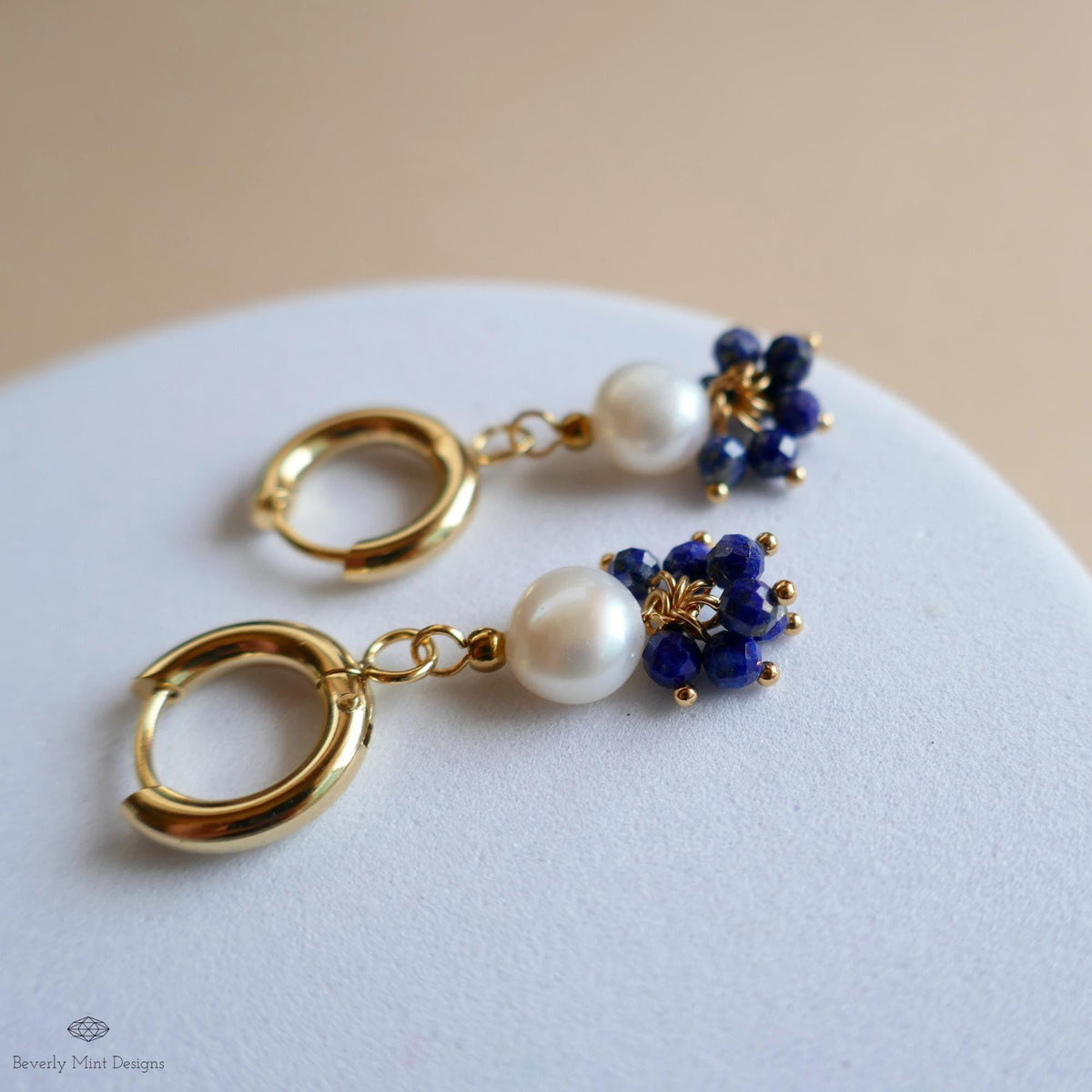 Pearl and Blue Stone Huggie Earrings, Dainty Gold Hoop Earrings, Elegant Cluster Jewelry, Bridesmaid Gift