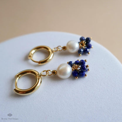 Pearl and Blue Stone Huggie Earrings, Dainty Gold Hoop Earrings, Elegant Cluster Jewelry, Bridesmaid Gift