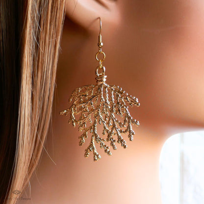 Gold Branch Earrings, Nature Inspired Large Statement Earrings, Coral Leaf Dangle Earrings, Sensitive Ear & Clip-On Options