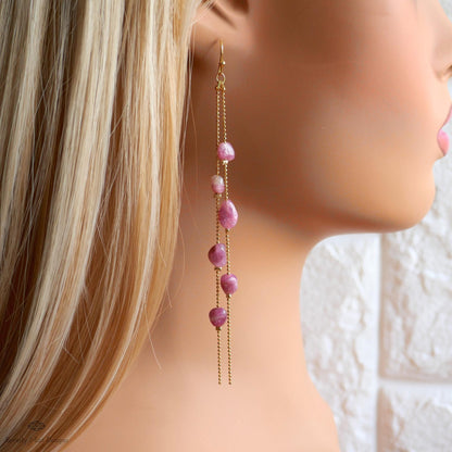 Pink Tourmaline Dangle Earrings Long Gold Chain Earrings Boho Statement Jewelry Natural Stone Earrings, Sensitive Ear & Clip-On Options