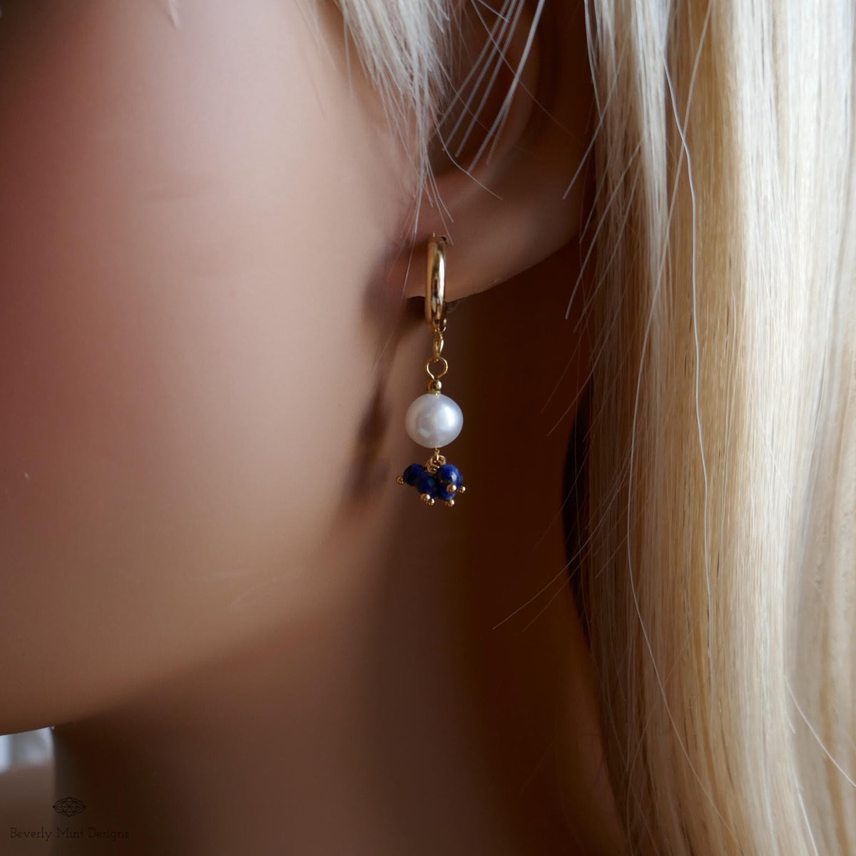 Pearl and Blue Stone Huggie Earrings, Dainty Gold Hoop Earrings, Elegant Cluster Jewelry, Bridesmaid Gift