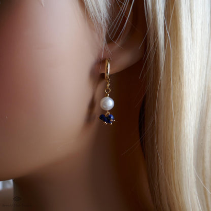 Pearl and Blue Stone Huggie Earrings, Dainty Gold Hoop Earrings, Elegant Cluster Jewelry, Bridesmaid Gift
