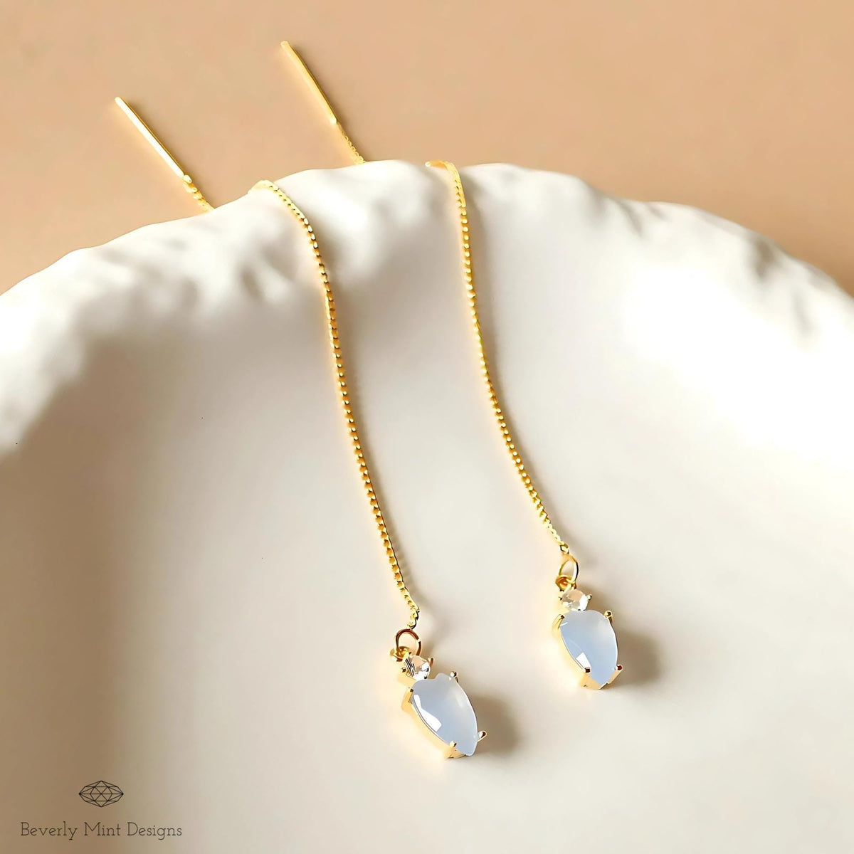 Blue Stone Earrings, Pale Blue Gold Threader Earrings, Small Light Blue Earrings with leafy charm, Sensitive Ear & Clip-On Options