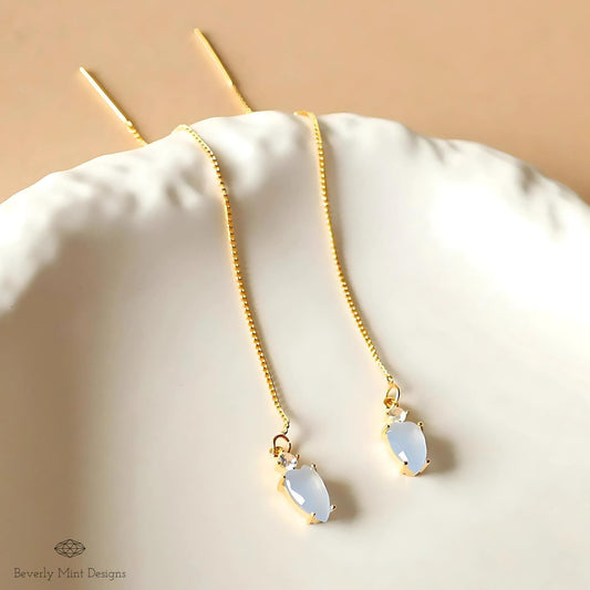 Blue Stone Earrings, Pale Blue Gold Threader Earrings, Small Light Blue Earrings with leafy charm, Sensitive Ear & Clip-On Options