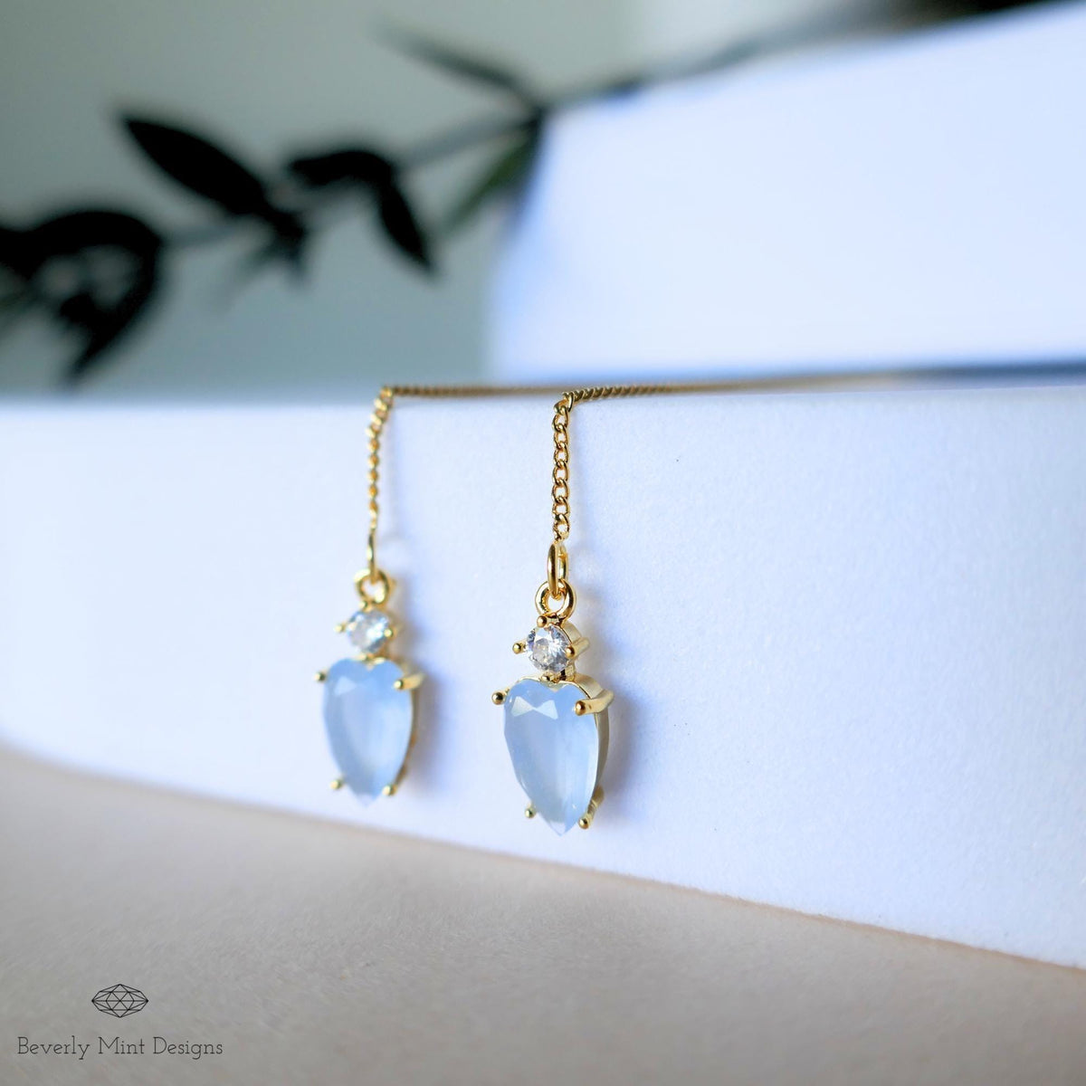 Blue Stone Earrings, Pale Blue Gold Threader Earrings, Small Light Blue Earrings with leafy charm, Sensitive Ear & Clip-On Options