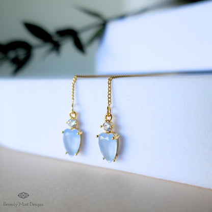 Blue Stone Earrings, Pale Blue Gold Threader Earrings, Small Light Blue Earrings with leafy charm, Sensitive Ear & Clip-On Options