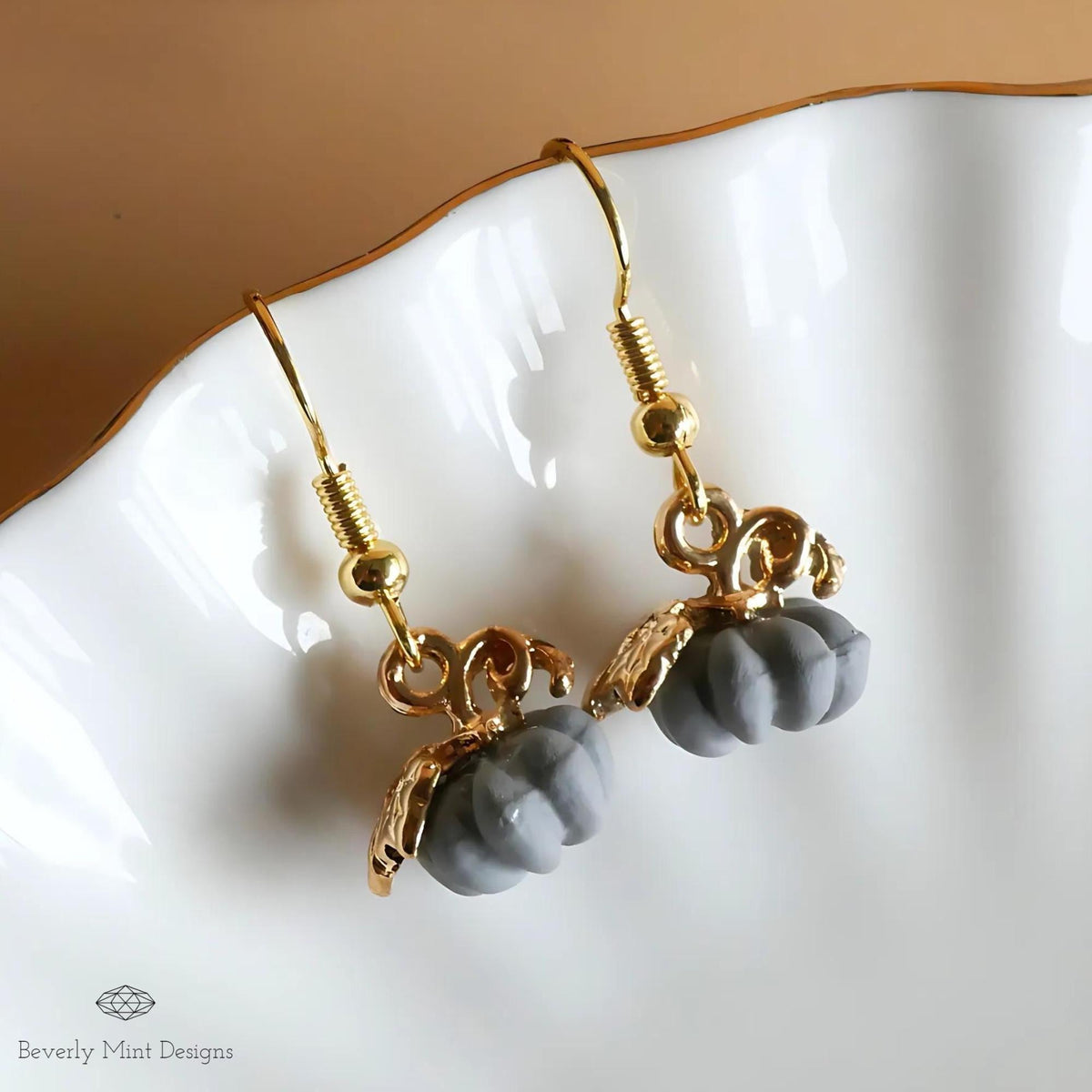 Halloween Pumpkin Earrings, Tiny Cute Grey Pumpkin Dangle Earrings, Gray Pumpkin Fall Jewelry, Sensitive Ear & Clip-On Options