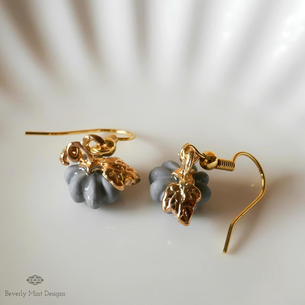 Halloween Pumpkin Earrings, Tiny Cute Grey Pumpkin Dangle Earrings, Gray Pumpkin Fall Jewelry, Sensitive Ear & Clip-On Options