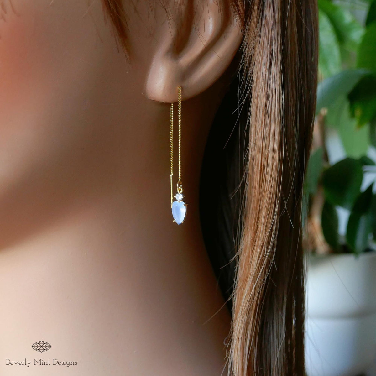 Blue Stone Earrings, Pale Blue Gold Threader Earrings, Small Light Blue Earrings with leafy charm, Sensitive Ear & Clip-On Options
