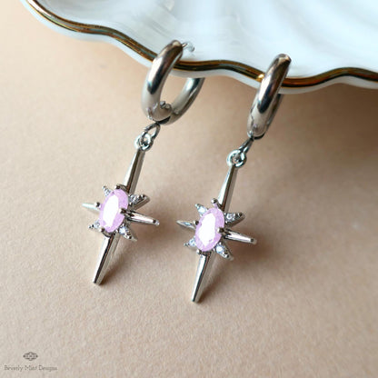 Pink Stone Starburst Small Hoop Earrings, Celestial Drop Earrings,  Silver Star Earrings, , Space Inspired Earrings