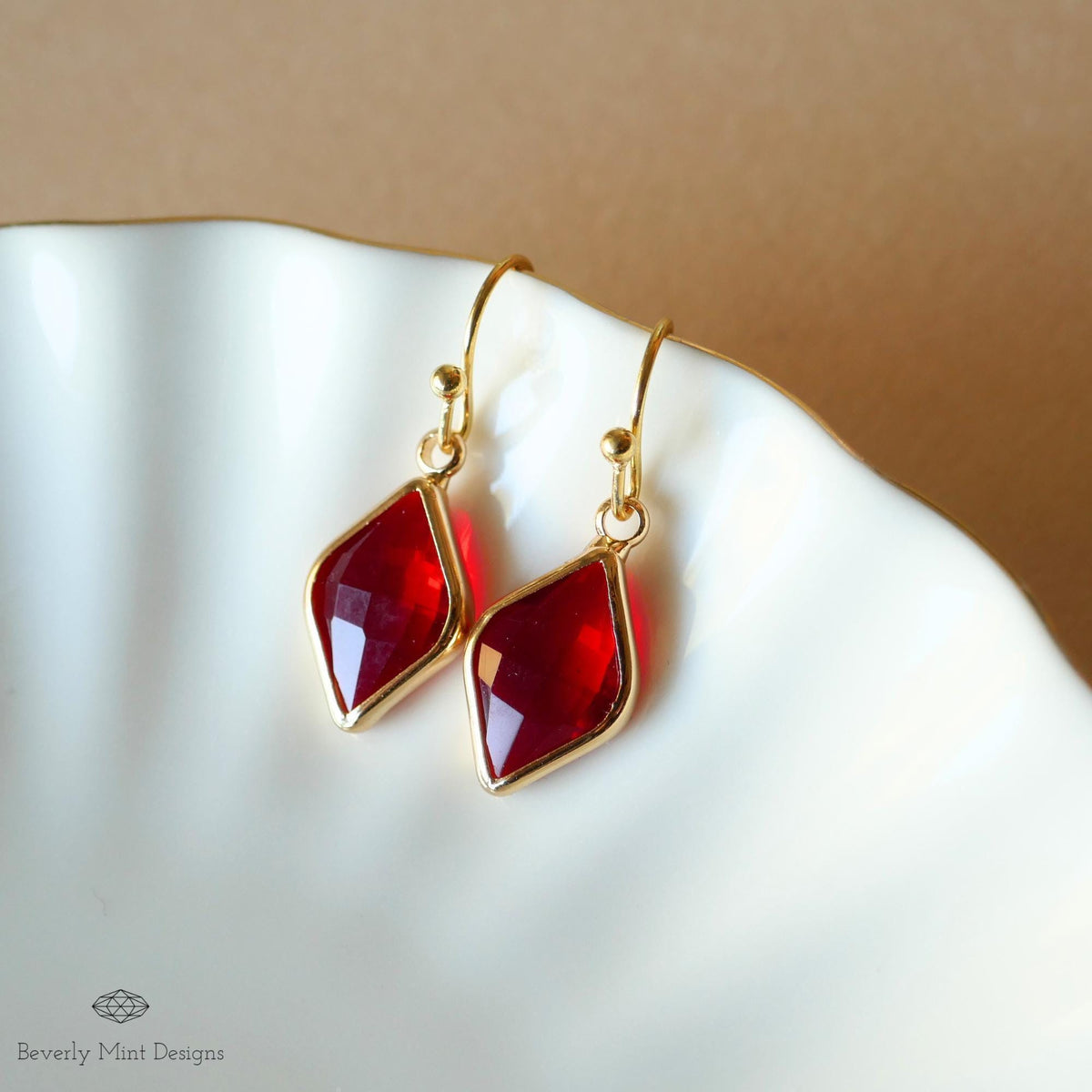 Ruby Red Earrings, Red Stone Drop Earrings, Red Diamond Shaped Earrings, Elegant Faceted Dangle Earrings, Sensitive Ear & Clip-On Options