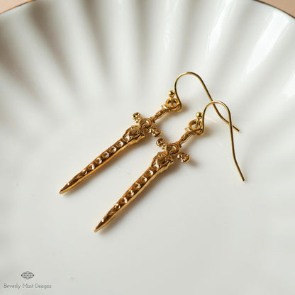Gold Sword Earrings, Gothic Dagger Jewelry, Medieval Fantasy Earrings, Statement Drop Earrings, Sensitive Ear & Clip-On Options