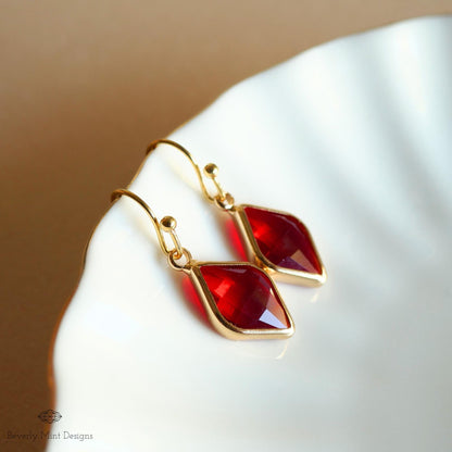 Ruby Red Earrings, Red Stone Drop Earrings, Red Diamond Shaped Earrings, Elegant Faceted Dangle Earrings, Sensitive Ear & Clip-On Options