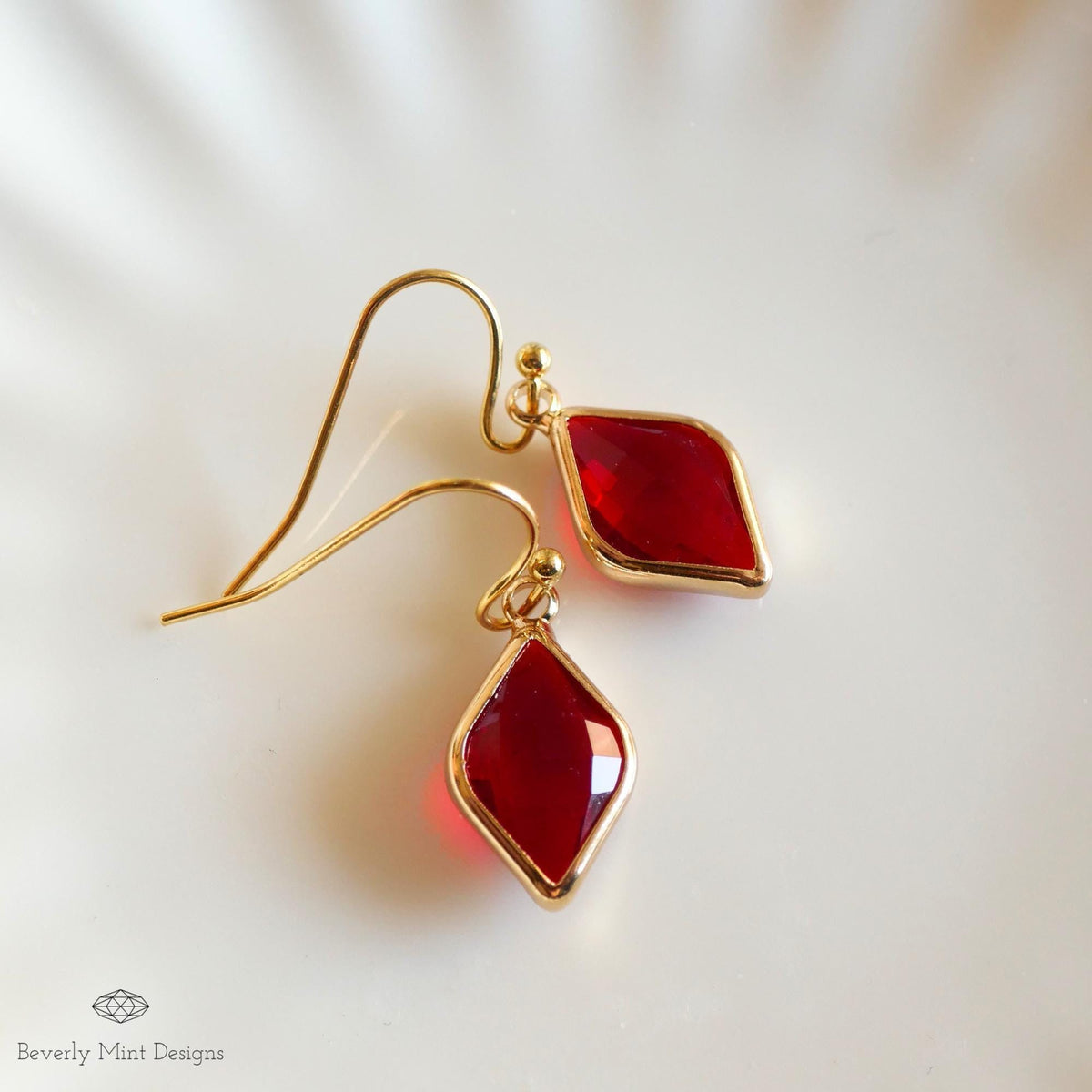 Ruby Red Earrings, Red Stone Drop Earrings, Red Diamond Shaped Earrings, Elegant Faceted Dangle Earrings, Sensitive Ear & Clip-On Options
