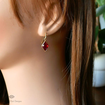 Ruby Red Earrings, Red Stone Drop Earrings, Red Diamond Shaped Earrings, Elegant Faceted Dangle Earrings, Sensitive Ear & Clip-On Options