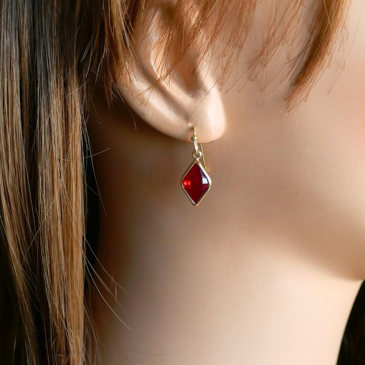 Ruby Red Earrings, Red Stone Drop Earrings, Red Diamond Shaped Earrings, Elegant Faceted Dangle Earrings, Sensitive Ear & Clip-On Options