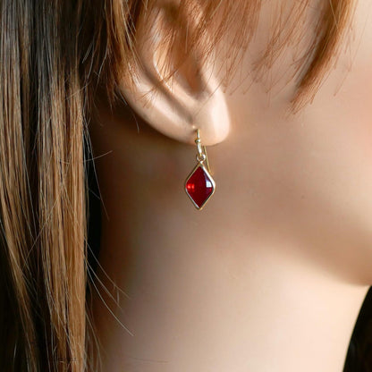 Ruby Red Earrings, Red Stone Drop Earrings, Red Diamond Shaped Earrings, Elegant Faceted Dangle Earrings, Sensitive Ear & Clip-On Options