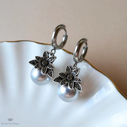 Silver Pearl Earrings, Vintage Floral Earrings, Statement Drop Earrings, Antique Style Jewelry, Elegant Handmade Earrings