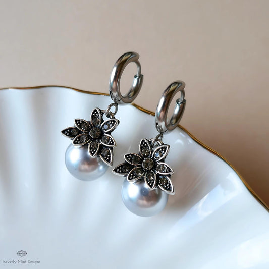Silver Pearl Earrings, Vintage Floral Earrings, Statement Drop Earrings, Antique Style Jewelry, Elegant Handmade Earrings