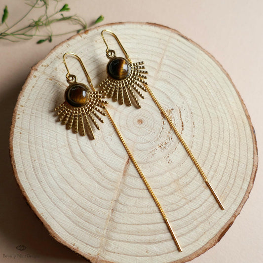 Tiger Eye Sunburst Threader Earrings, Gold Long Chain Drop Jewelry, Sensitive Ear & Clip-On Options