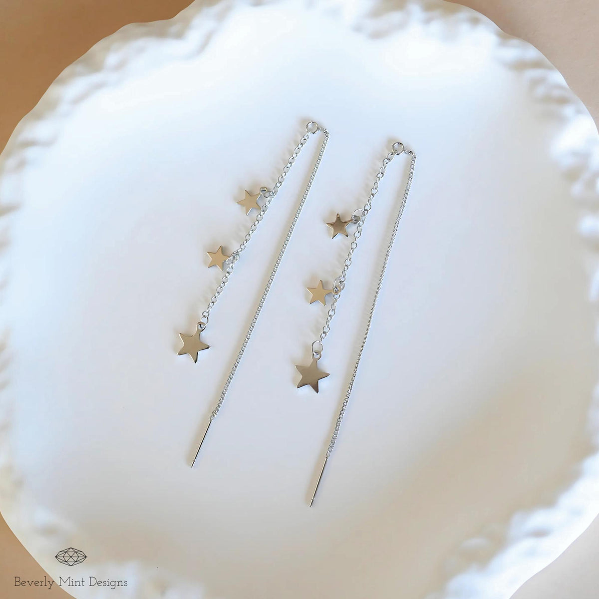 Silver Star Dangle Earrings, Celestial Dangle Earrings, Earrings, Threader earrings, Sensitive Ear & Clip-On Options