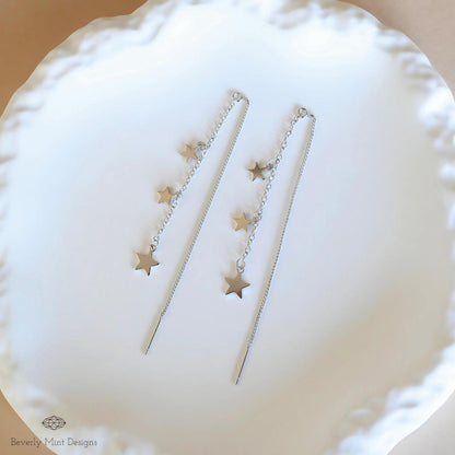 Silver Star Dangle Earrings, Celestial Dangle Earrings, Earrings, Threader earrings, Sensitive Ear & Clip-On Options