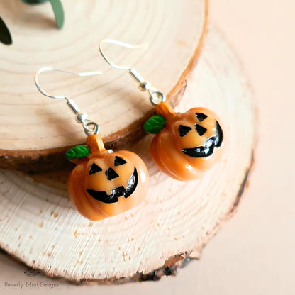 Halloween Pumpkin Earrings, Cute Jack-o and #39;-Lantern Dangle Earrings, Spooky Fall Jewelry, Sensitive Ear & Clip-On Options