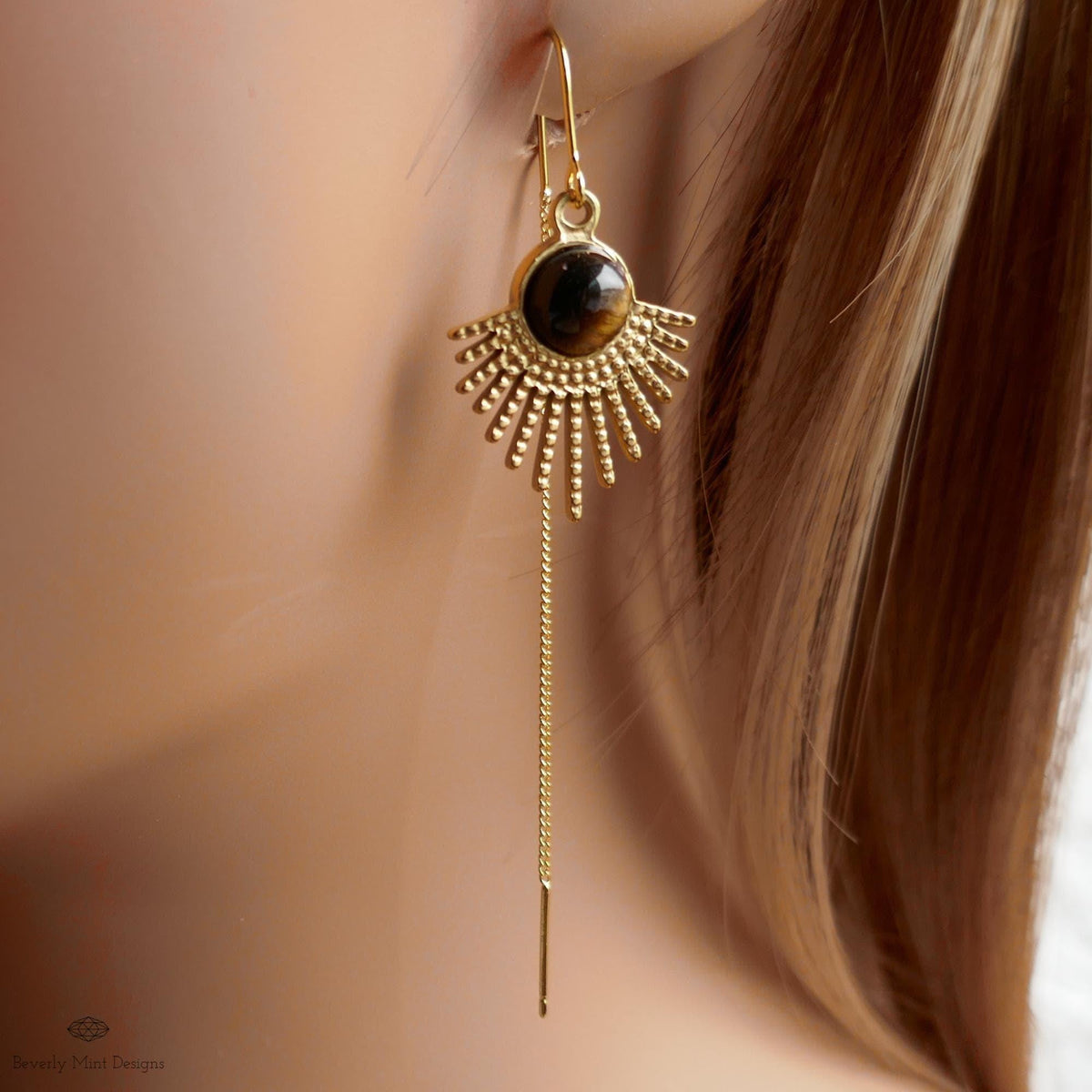 Tiger Eye Sunburst Threader Earrings, Gold Long Chain Drop Jewelry, Sensitive Ear & Clip-On Options
