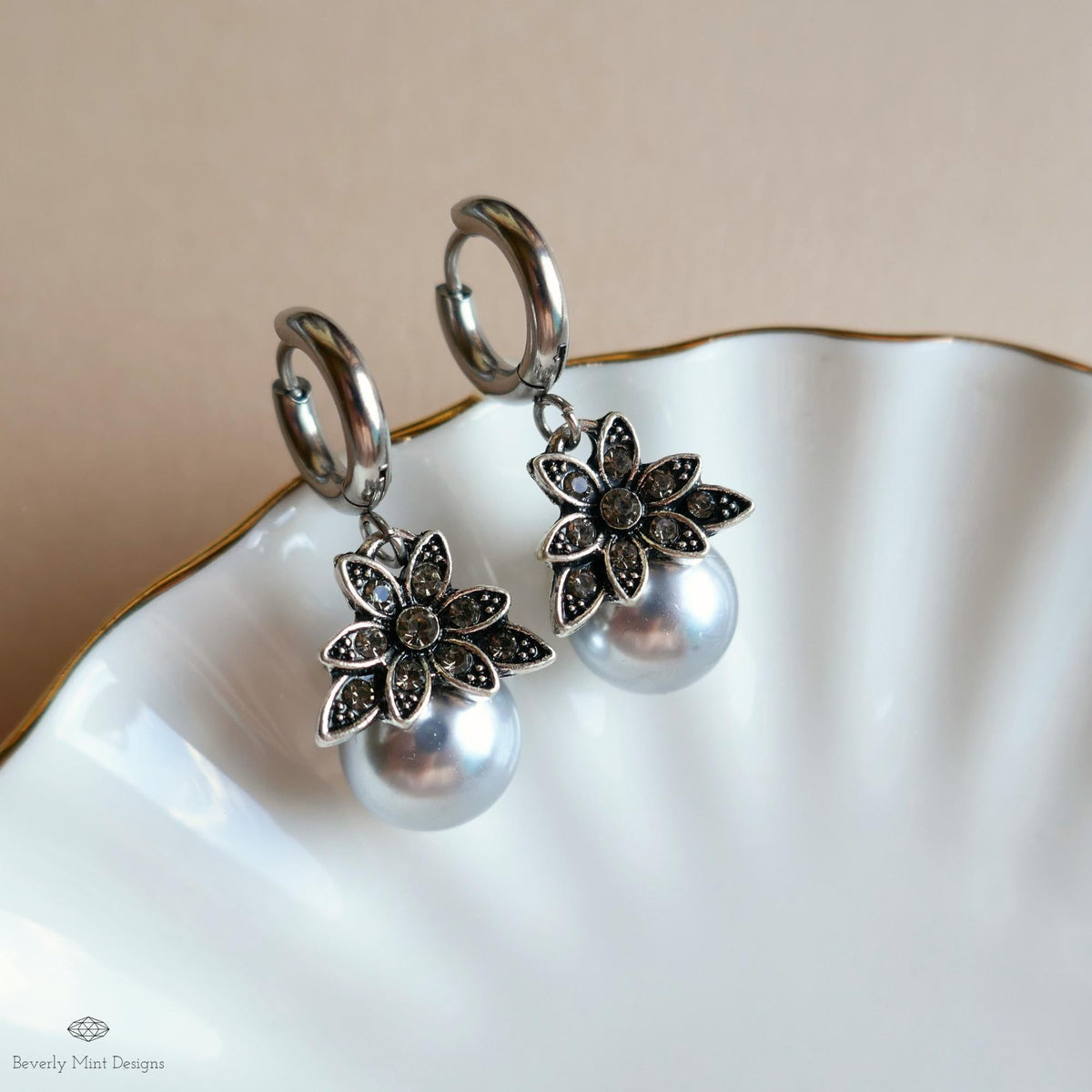 Silver Pearl Earrings, Vintage Floral Earrings, Statement Drop Earrings, Antique Style Jewelry, Elegant Handmade Earrings