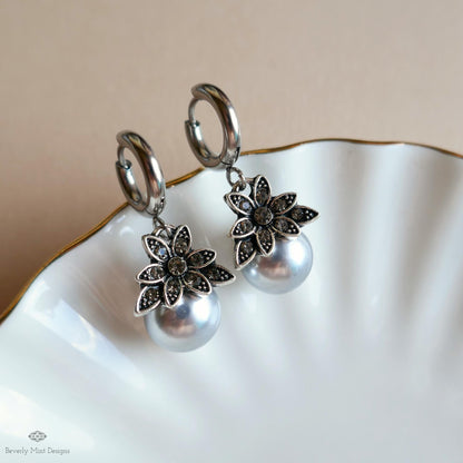 Silver Pearl Earrings, Vintage Floral Earrings, Statement Drop Earrings, Antique Style Jewelry, Elegant Handmade Earrings