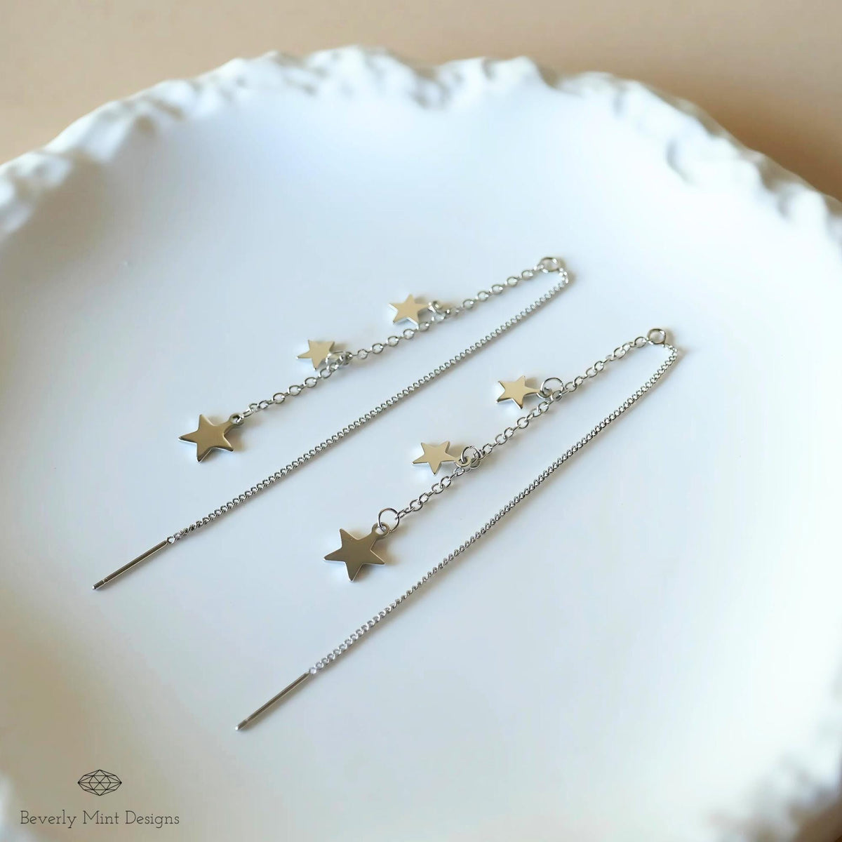Silver Star Dangle Earrings, Celestial Dangle Earrings, Earrings, Threader earrings, Sensitive Ear & Clip-On Options