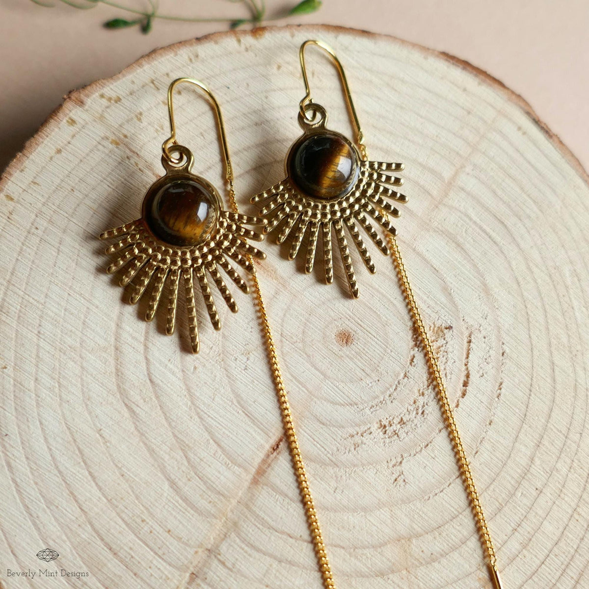 Tiger Eye Sunburst Threader Earrings, Gold Long Chain Drop Jewelry, Sensitive Ear & Clip-On Options
