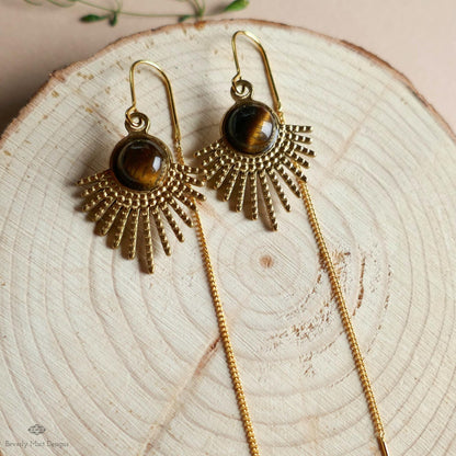 Tiger Eye Sunburst Threader Earrings, Gold Long Chain Drop Jewelry, Sensitive Ear & Clip-On Options