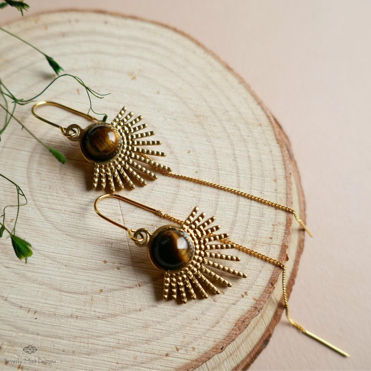 Tiger Eye Sunburst Threader Earrings, Gold Long Chain Drop Jewelry, Sensitive Ear & Clip-On Options