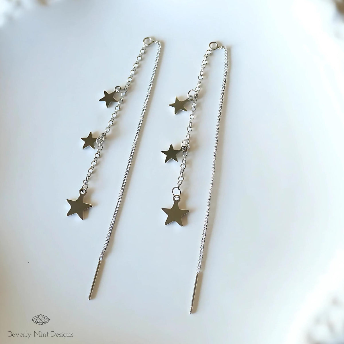 Silver Star Dangle Earrings, Celestial Dangle Earrings, Earrings, Threader earrings, Sensitive Ear & Clip-On Options