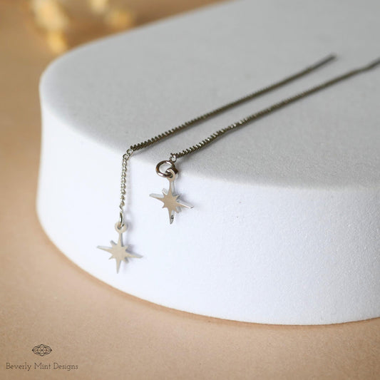Dainty Star Threader Earrings, Starburst Earrings, Minimalist Celestial Jewelry, D, Sensitive Ear & Clip-On Options