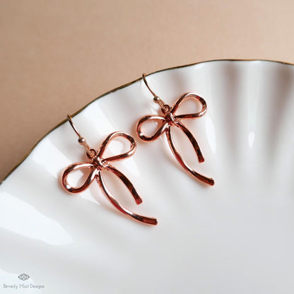 Rose Gold Bow Earrings, Dainty Ribbon Drop Earrings, Feminine Girly Jewelry, Lightweight Metal Bow Earrings