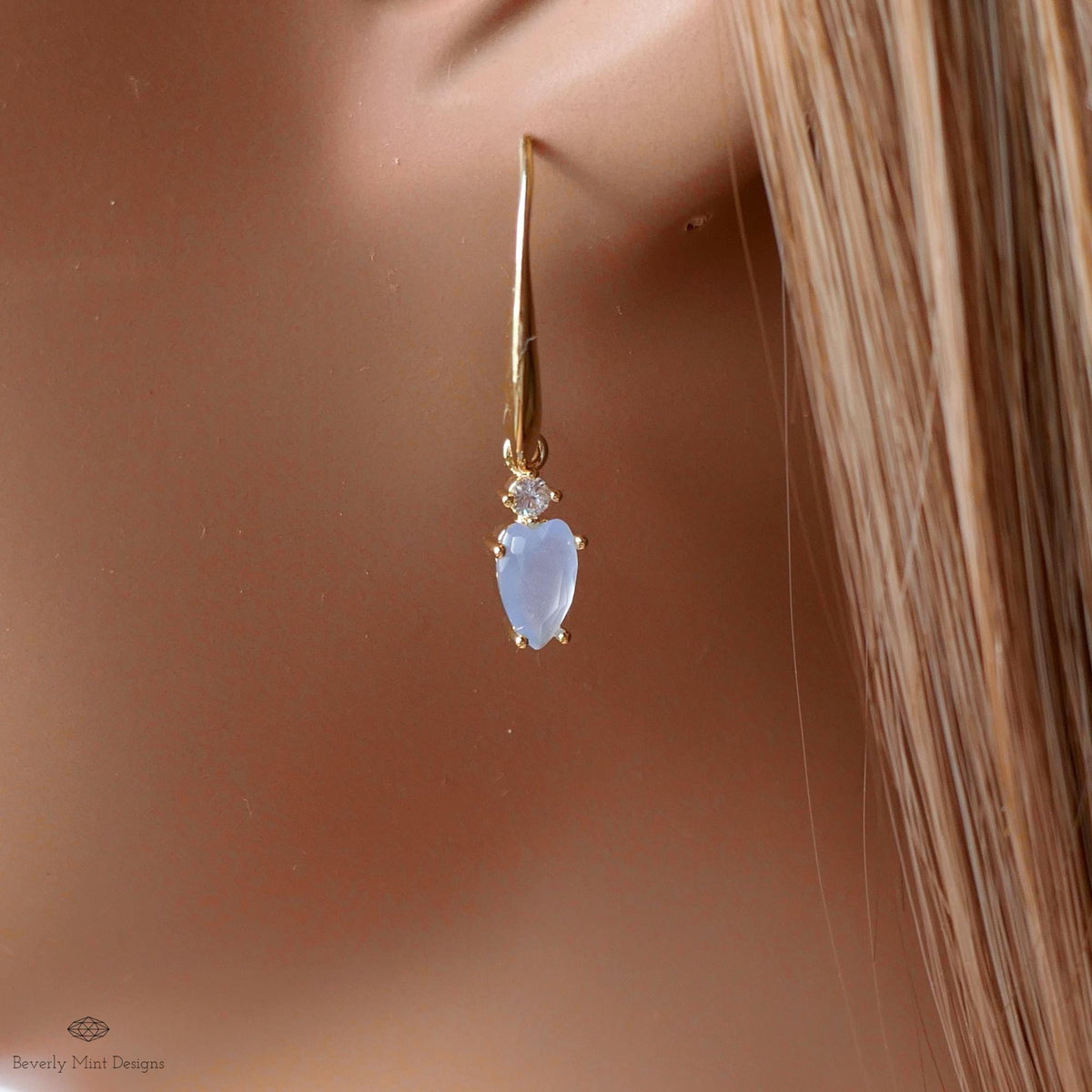 Light Blue Stone Earrings, Heart Earrings, Gold Dangle Earrings, Minimalist Jewelry, Dainty Gold Earrings, Sensitive Ear & Clip-On Options