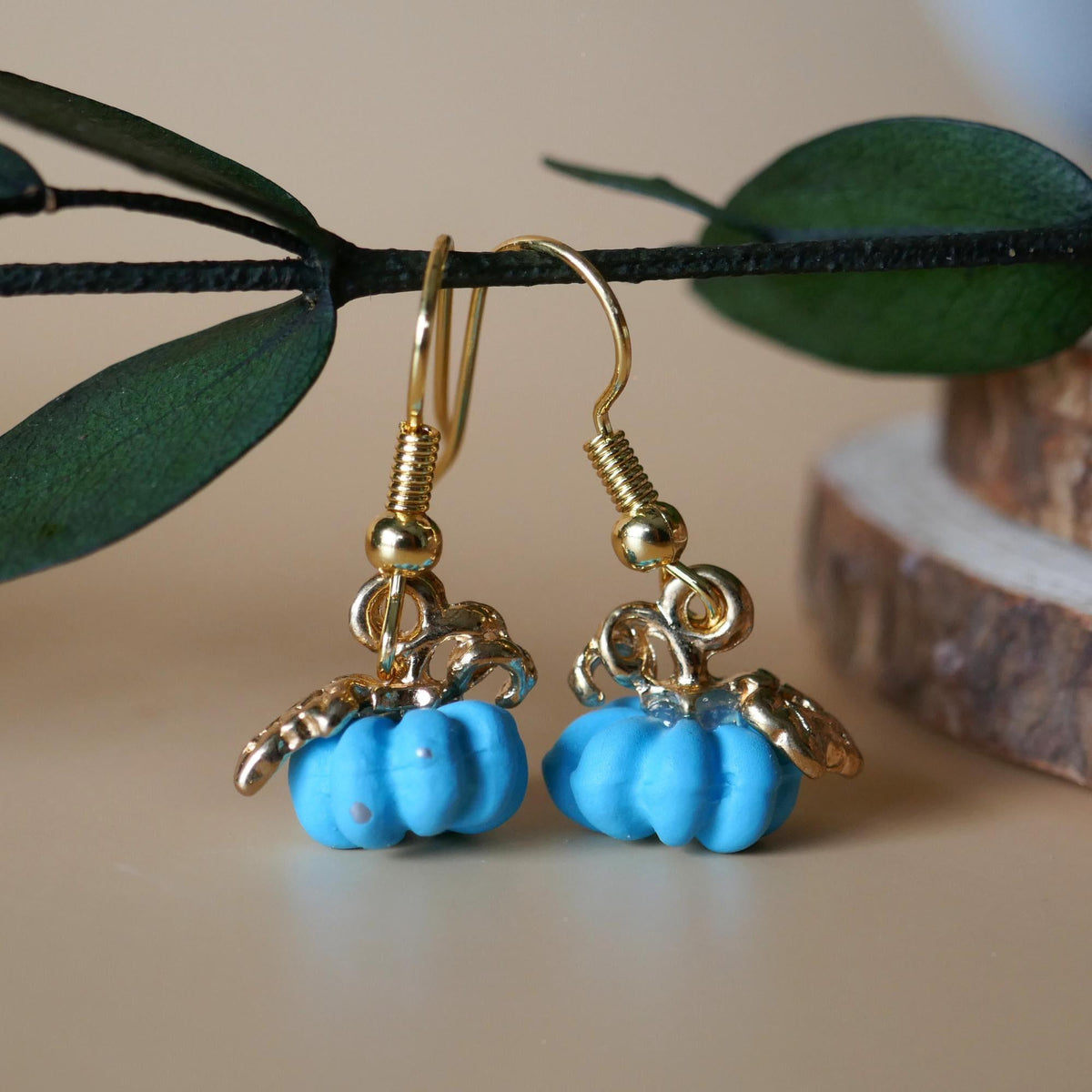 Halloween Pumpkin Earrings, Tiny Cute Blue Pumpkin Dangle Earrings, Fall Jewelry, Fun Halloween Accessories, Sensitive Ear & Clip-On Options
