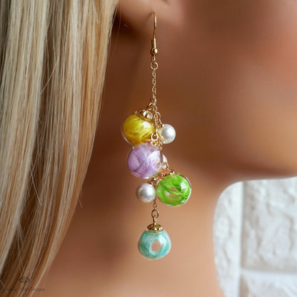 Bubble Earrings Dangle Glass Beaded Earrings with Pearls Gold Chain Lightweight Fairycore Bridal Jewelry, Sensitive Ear & Clip-On Options