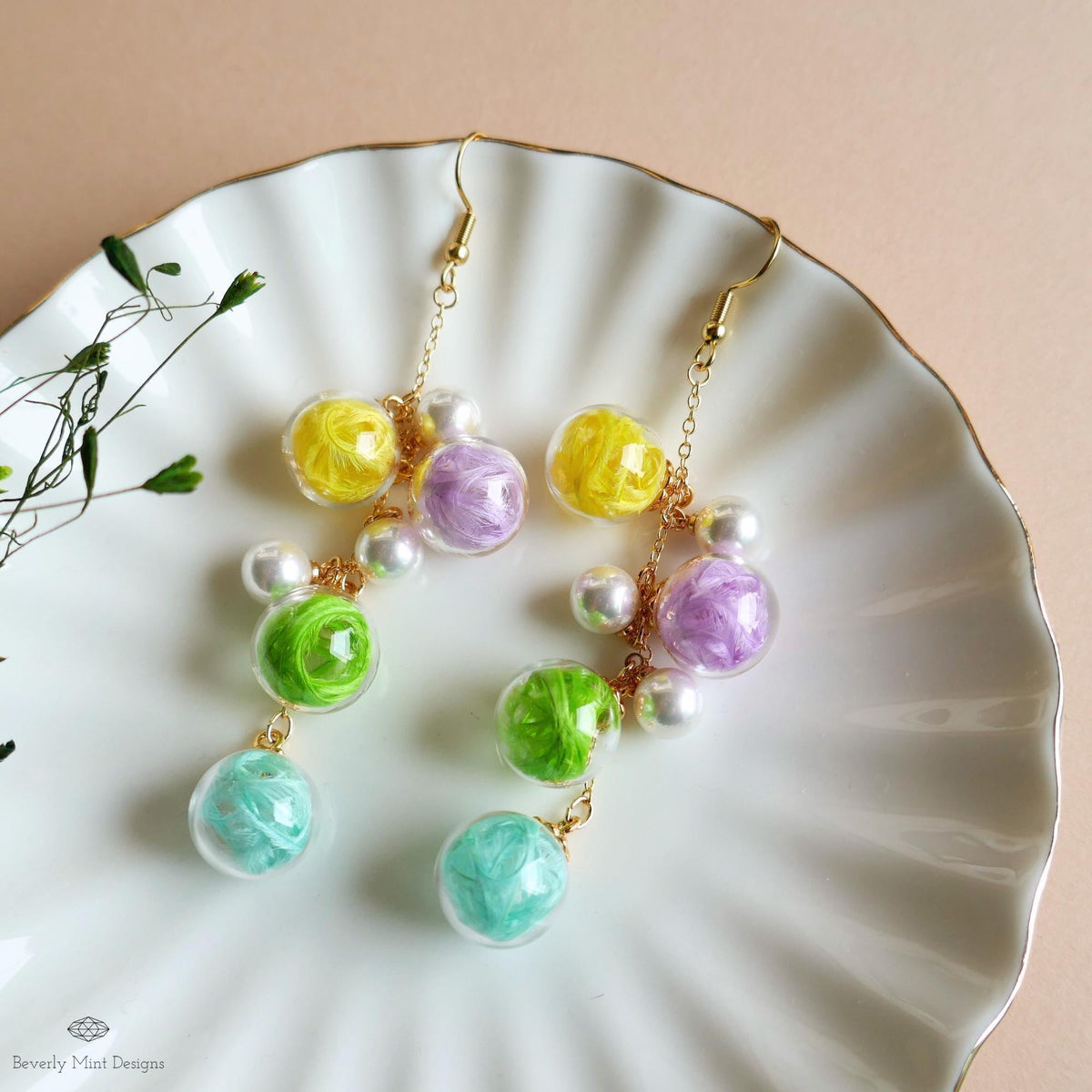 Bubble Earrings Dangle Glass Beaded Earrings with Pearls Gold Chain Lightweight Fairycore Bridal Jewelry, Sensitive Ear & Clip-On Options