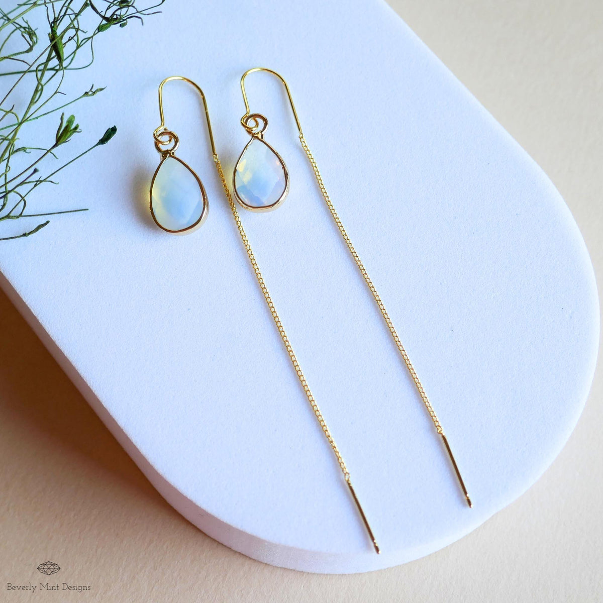 Teardrop opalite earrings, opalite dangle earrings, gold chunky huggie hoops, faceted drop earrings, Sensitive Ear & Clip-On Options