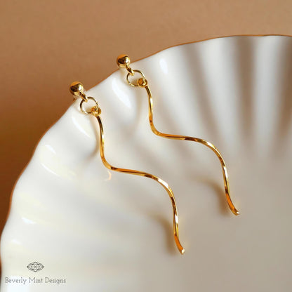 18K Gold Plated Wavy Drop Earrings, Minimalist Twirl Jewelry